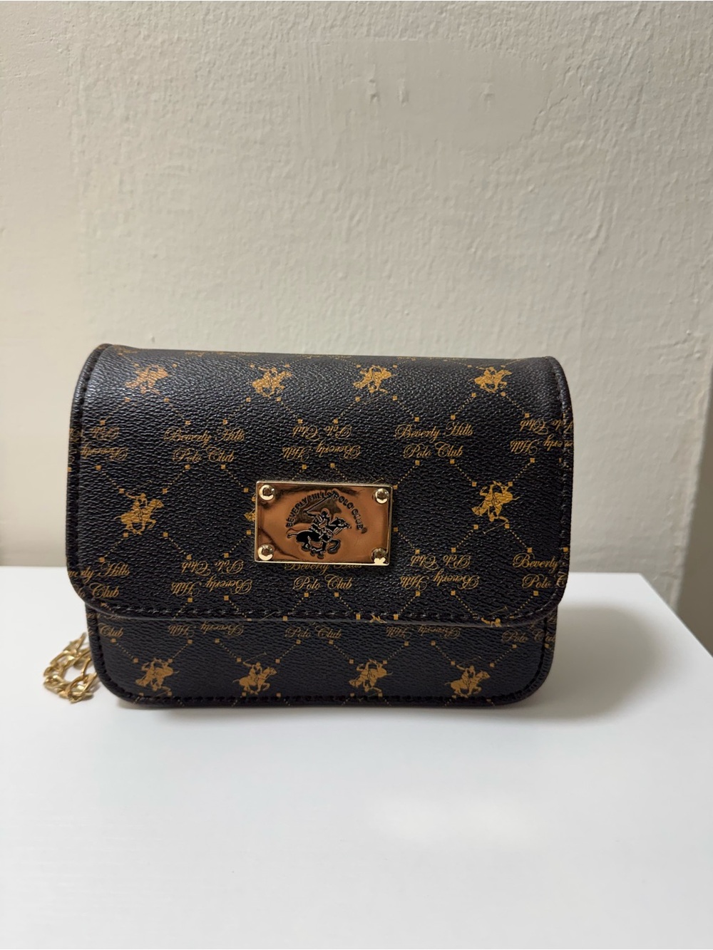 Beverly Hills Polo Club Brown Logo Print Crossbody with Gold Plate